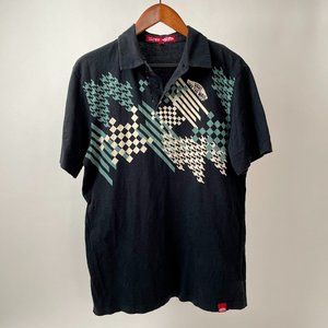 Men's Vintage Vans Old Skool Checkerboard Polo Shirt, Black Blue Cream, Size M